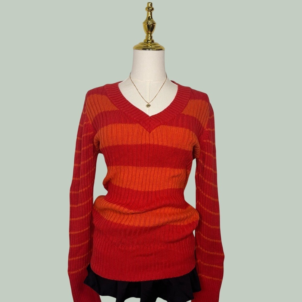 faded glory striped red orange vneck fitted ribbed sweater y2k coquette tumblr